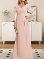 Sheath/Column V-Neck Illusion Floor-Length Lace Chiffon Mother of the Bride Dress With Pleated Sequins by Dreamylily