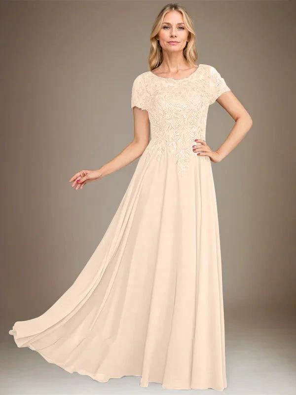 A-Line Scoop Floor-Length Chiffon Mother of the Bride Dress With Applique & Sequins by Dreamylily