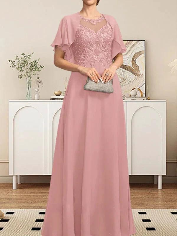 A-line Scoop Illusion Floor-Length Lace Chiffon Mother of the Bride Dress With Sequins by Dreamylily