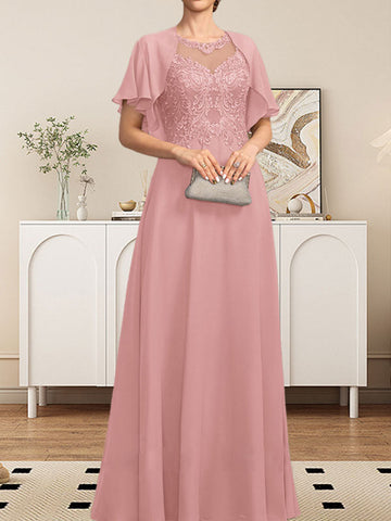 A-line Scoop Illusion Floor-Length Lace Chiffon Mother of the Bride Dress With Sequins