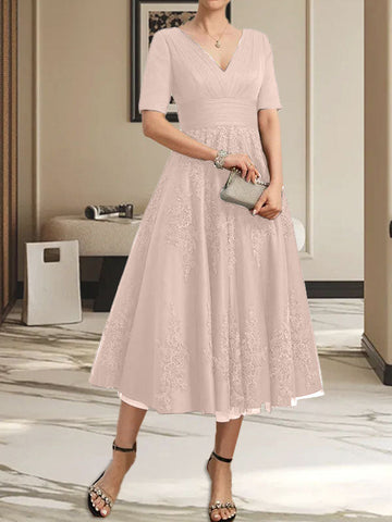A-line V-Neck Tea-Length Tulle Lace Mother of the Bride Dress With Pleated