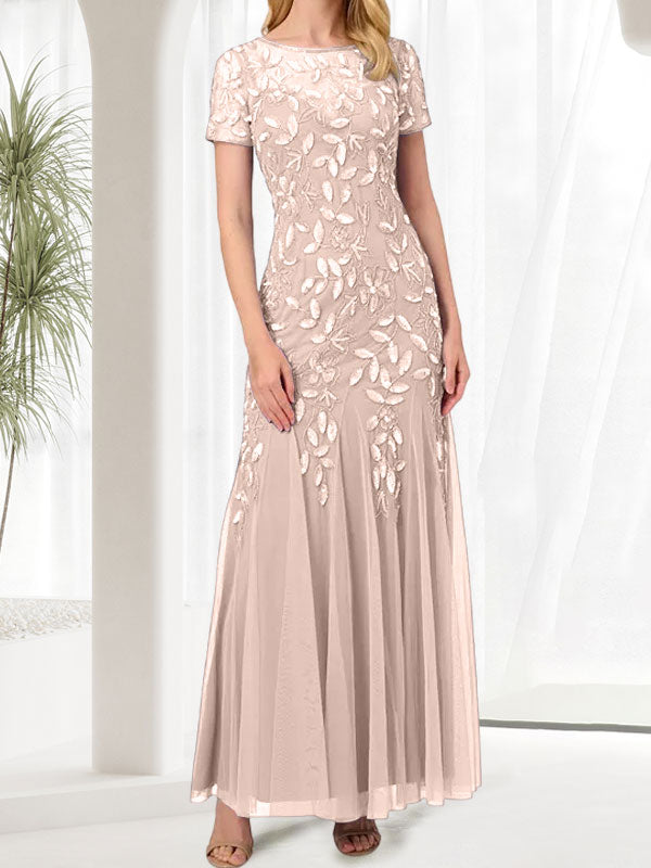 Blue Mermaid Round Neck Long Mother of the Bride Dress With Beadings