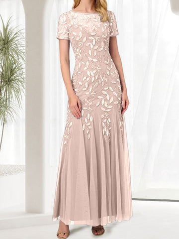 Vestido largo de sirena azul con cuello redondo para madre de la novia con cuentas