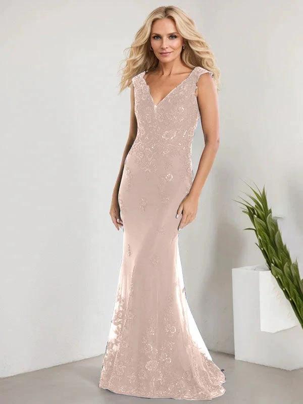 A-line V-Neck Floor-Length Lace Chiffon Mother of the Bride Dress With Applique Sequins Mermaid Dresses by Dreamylily