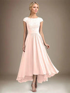 A-line Scoop Illusion Asymmetrical Lace Chiffon Mother of the Bride Dress With Pleated by Dreamylily