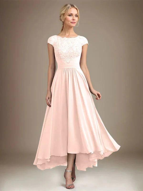 A-line Scoop Illusion Asymmetrical Lace Chiffon Mother of the Bride Dress With Pleated by Dreamylily