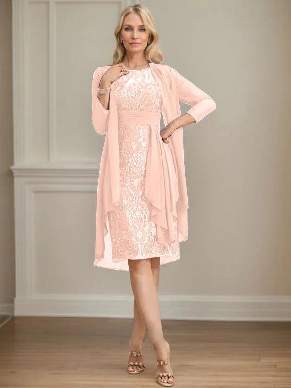 Sheath/Column Scoop Illusion Knee-Length Lace Chiffon Mother of the Bride Dress With Cascading Ruffles Sequins by Dreamylily