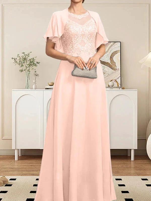 A-line Scoop Illusion Floor-Length Lace Chiffon Mother of the Bride Dress With Sequins by Dreamylily