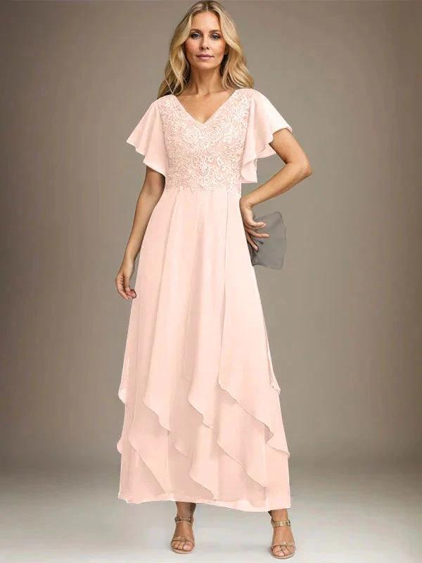 A-line V-Neck Ankle-Length Lace Chiffon Mother of the Bride Dress With Cascading Ruffles by Dreamylily