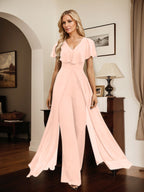 Jumpsuit/Pantsuit V-Neck Floor-Length Chiffon Evening Dress