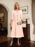A-line Scoop Tea-Length Lace Chiffon Mother of the Bride Dress With Sequins by Dreamylily