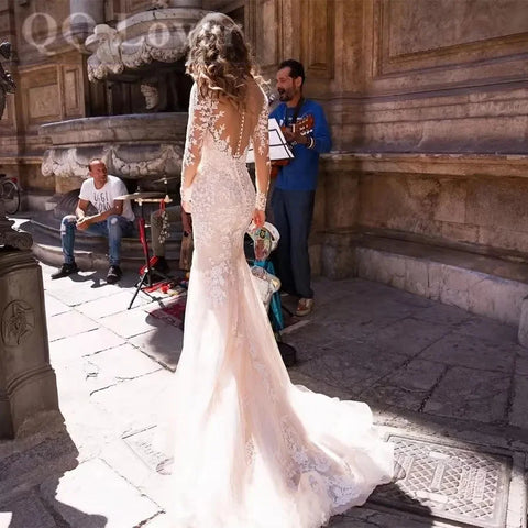 BoHo Mermaid Wedding Dress Sexy V-neck Vestidos De Novia Appliques Long Sleeves Vestido De Noiva Elegant Lace Robe De Mariée