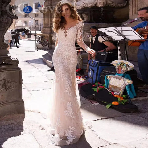 BoHo Mermaid Wedding Dress Sexy V-neck Vestidos De Novia Appliques Long Sleeves Vestido De Noiva Elegant Lace Robe De Mariée