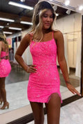 Bodycon Spaghetti Straps Hot Pink Homecoming Dress with Beading PD526 by pgmdress