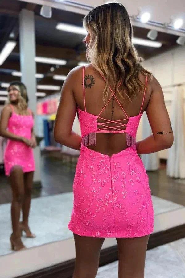 Bodycon Spaghetti Straps Hot Pink Homecoming Dress with Beading PD526 by pgmdress