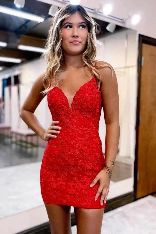 Bodycon Spaghetti Straps Red Homecoming Dress With Aqqliques PD522 by pgmdress