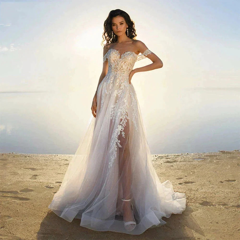 Bohemia Off Shoulder Wedding Dresses Women's Elegant Sleeveless Retro Sweet Lace Decal A-Line Backless Bridal Gowns Vestidos De by payinti