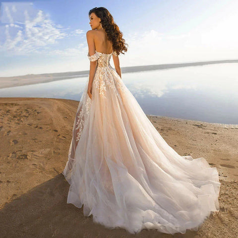 Bohemia Off Shoulder Wedding Dresses Women's Elegant Sleeveless Retro Sweet Lace Decal A-Line Backless Bridal Gowns Vestidos De