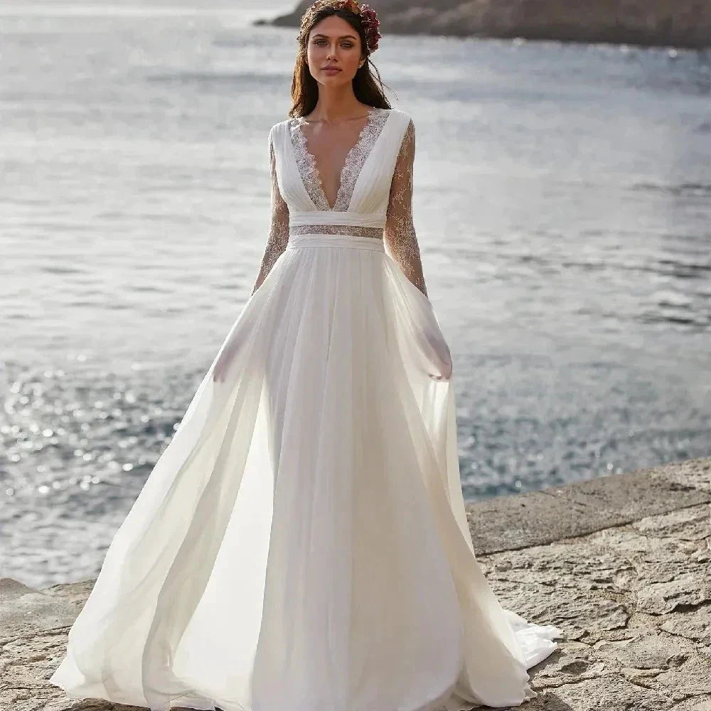 Wedding Dresses A-Line V-Neck Bridal Gowns Long Sleeves Chiffon And Satin Robes For Formal Party 2024 Vestidos De Novia by payinti