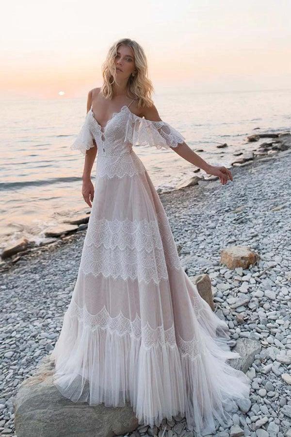 Bohemian Straps Off Shoulder Charming Lace Beach Wedding Dresses WD557 by pgmdress