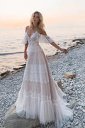 Bohemian Straps Off Shoulder Charming Lace Beach Wedding Dresses WD557 by pgmdress