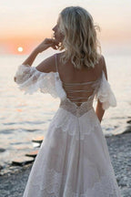 Bohemian Straps Off Shoulder Charming Lace Beach Wedding Dresses WD557 by pgmdress