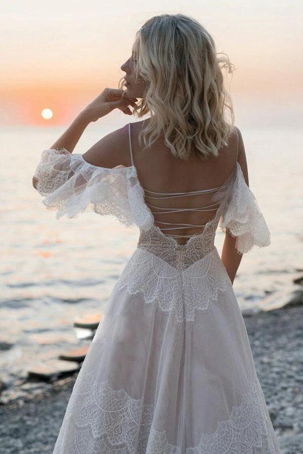 Bohemian Straps Off Shoulder Charming Lace Beach Wedding Dresses WD557 by pgmdress