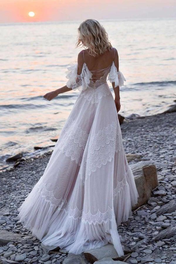 Bohemian Straps Off Shoulder Charming Lace Beach Wedding Dresses WD557 by pgmdress
