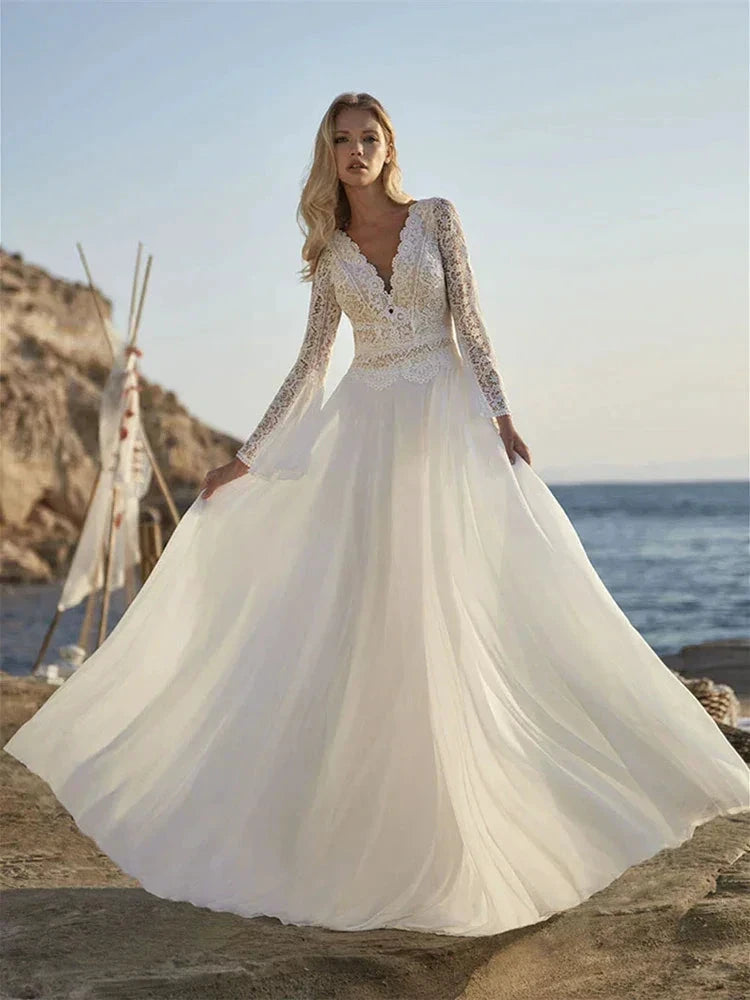 Bohemian A Line Chiffon Wedding Dresses 2024 V Neck Long Sleeve Lace Applique Backless For Women Bridal Gown Vestidos De Novia by payinti