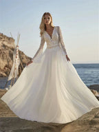 Bohemian A Line Chiffon Wedding Dresses 2024 V Neck Long Sleeve Lace Applique Backless For Women Bridal Gown Vestidos De Novia by payinti