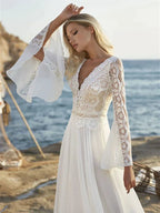 Bohemian A Line Chiffon Wedding Dresses 2024 V Neck Long Sleeve Lace Applique Backless For Women Bridal Gown Vestidos De Novia by payinti