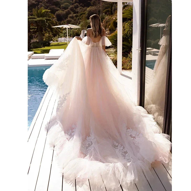 Bohemian Tulle Applique A-Line Wedding Dress With Detachable Sleeves Bridal Gownes Elegant Women's Formal Wedding Dresse Vestido by payinti