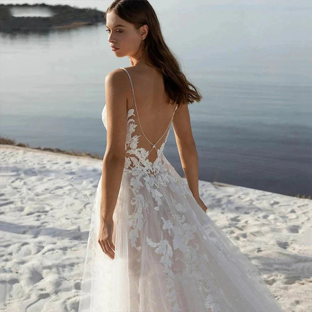 Bohemian Wedding Dresses Women's Sexy Backless Lace Applique Sleeveless V-Neck A-Line Princess Bridal Gowns Formal Beach Party by payinti