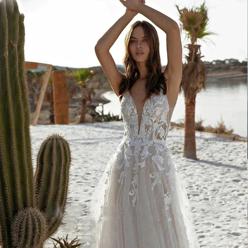 Bohemian Wedding Dresses Women's Sexy Backless Lace Applique Sleeveless V-Neck A-Line Princess Bridal Gowns Formal Beach Party by payinti