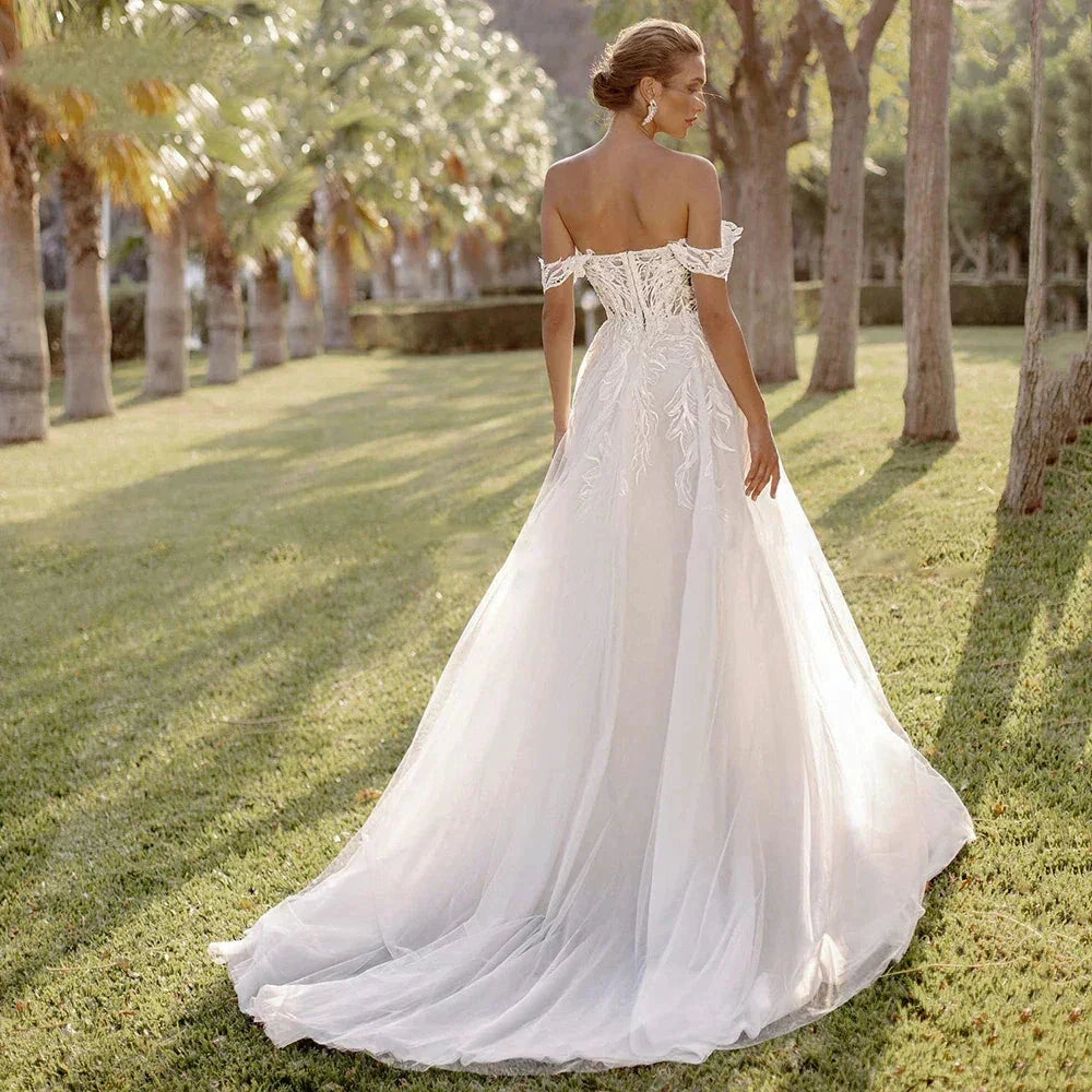 Bohemian Women's Wedding Dresses Sexy Off Shoulder A-Line Sheer Sticker Princess Prom Bridal Gowns Vestidos De Novia Robe by payinti