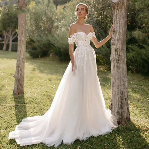 Bohemian Women's Wedding Dresses Sexy Off Shoulder A-Line Sheer Sticker Princess Prom Bridal Gowns  Vestidos De Novia Robe