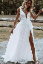 Bohemian A Line V Neck Lace Split Wedding Dresses with Appliques WD560 by pgmdress