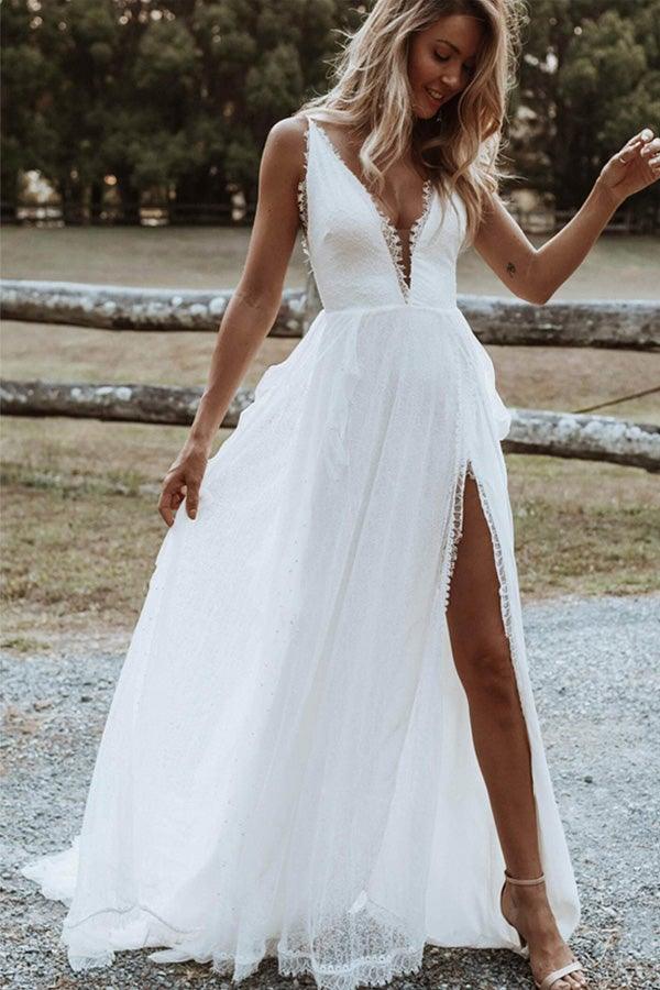 Bohemian A Line V Neck Lace Split Wedding Dresses with Appliques  WD560 Hover Image
