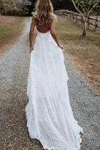 Bohemian A Line V Neck Lace Split Wedding Dresses with Appliques WD560 by pgmdress
