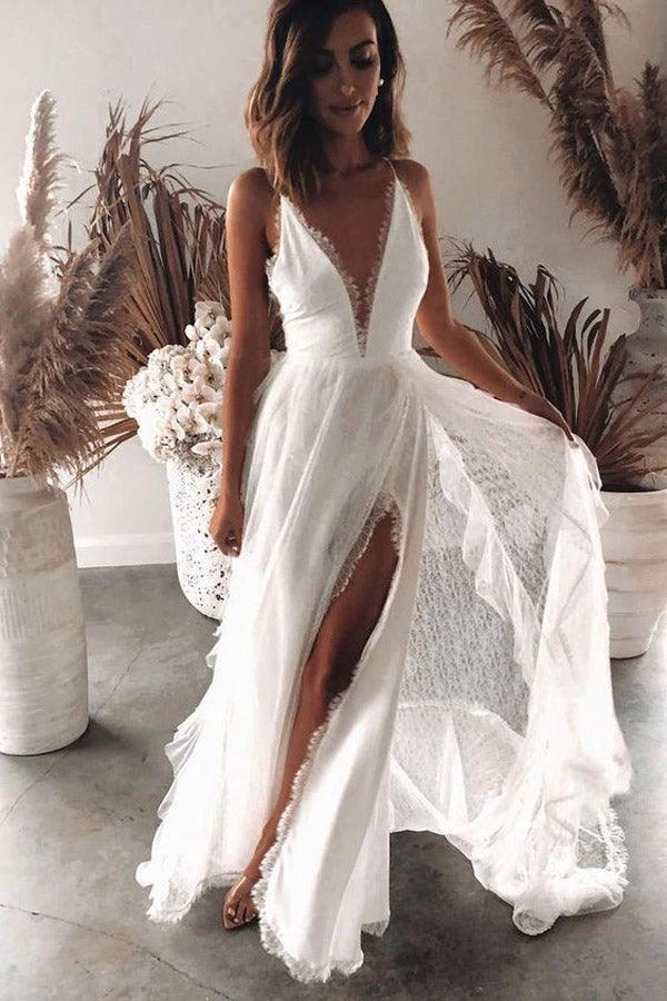 Bohemian A Line V Neck Lace Split Wedding Dresses with Appliques WD560 by pgmdress