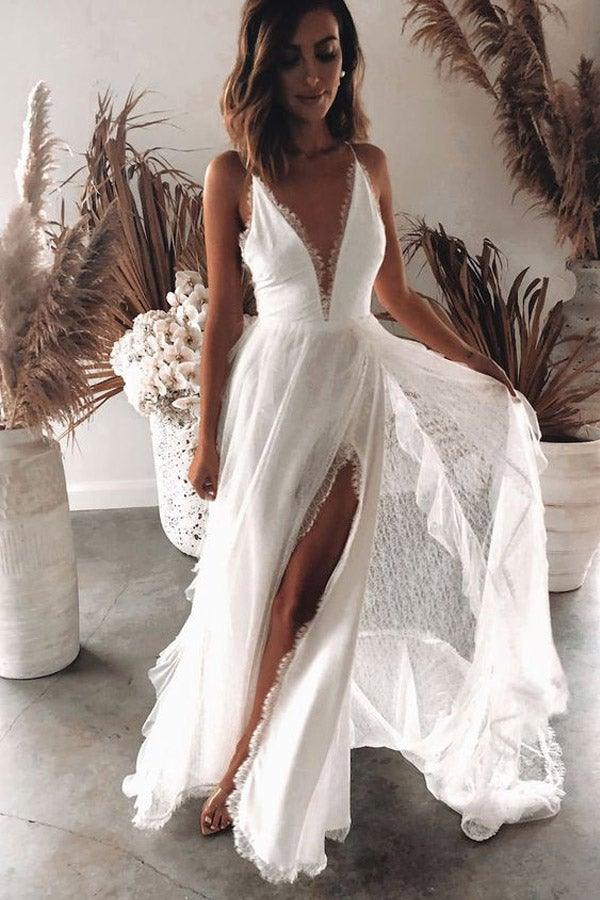 Bohemian A Line V Neck Lace Split Wedding Dresses with Appliques  WD560 Main Image