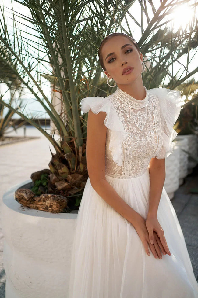 High Neck Sleeveless Wedding Dresses Lace Appliques A Line فساتين السهرة Sweep Train Bohemian New Vestidos De Novia Main Image