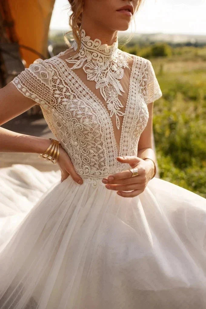 Boho Lace Tulle High Neck Wedding Dresses Women's Cap Sleeves A-Line Bohemian Bridal Gowns Vintage Elegant Robes De Mariée by payinti