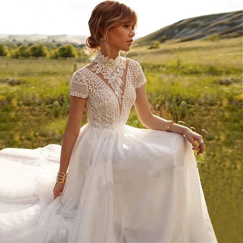 Boho Lace Tulle High Neck Wedding Dresses Women's Cap Sleeves A-Line Bohemian Bridal Gowns Vintage Elegant Robes De Mariée by payinti