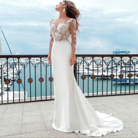 Mermaid Wedding Dresses Long Sleeves Sheer Scoop Neckline Applique Satin Buttons Back Beach Bridal Gowns Sweep Train 2023