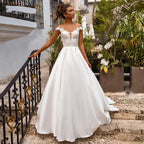 Boho Wedding Dress Cap Sleeves Illusion Neck Appliqued Satin Bridal Dress Beach Princess Plus Size Wedding Gowns Custom Mad by payinti
