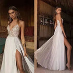 Boho Wedding Dress Sexy Slit Beach Wedding Dress V Neck Bridal Gown Spaghetti Strap Chiffon Backless Vestido De Noiva Brautkleid by payinti