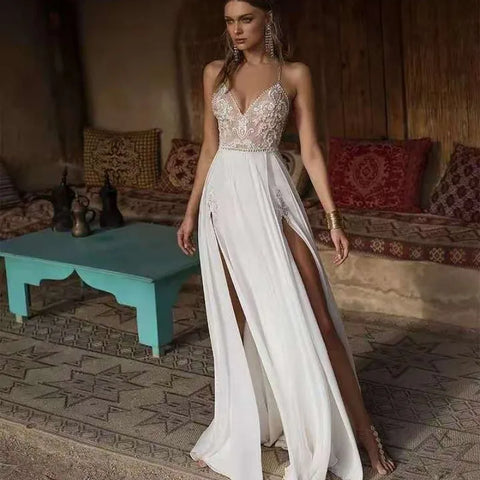 Boho Wedding Dress Sexy Slit Beach Wedding Dress V Neck Bridal Gown Spaghetti Strap Chiffon Backless Vestido De Noiva Brautkleid