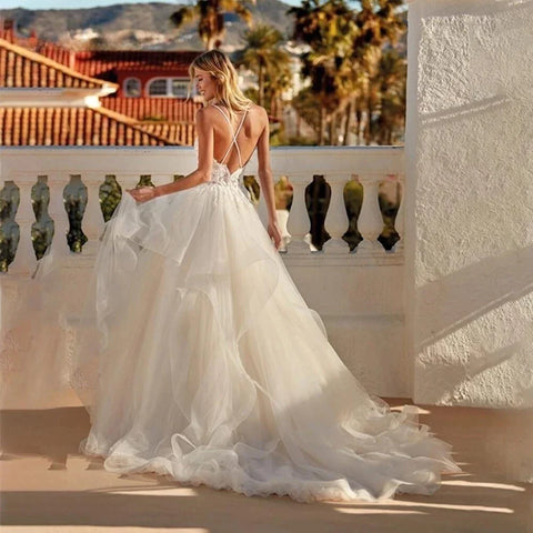 Boho Wedding Dresses Spaghetti Straps Vestidos De Novia Appliques Vestido De Noiva Backless Lace Robe De Mariée