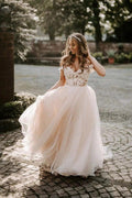 A-line Boho Champagne Off The Shoulder Wedding Dress Bridal Gown WD583 by pgmdress